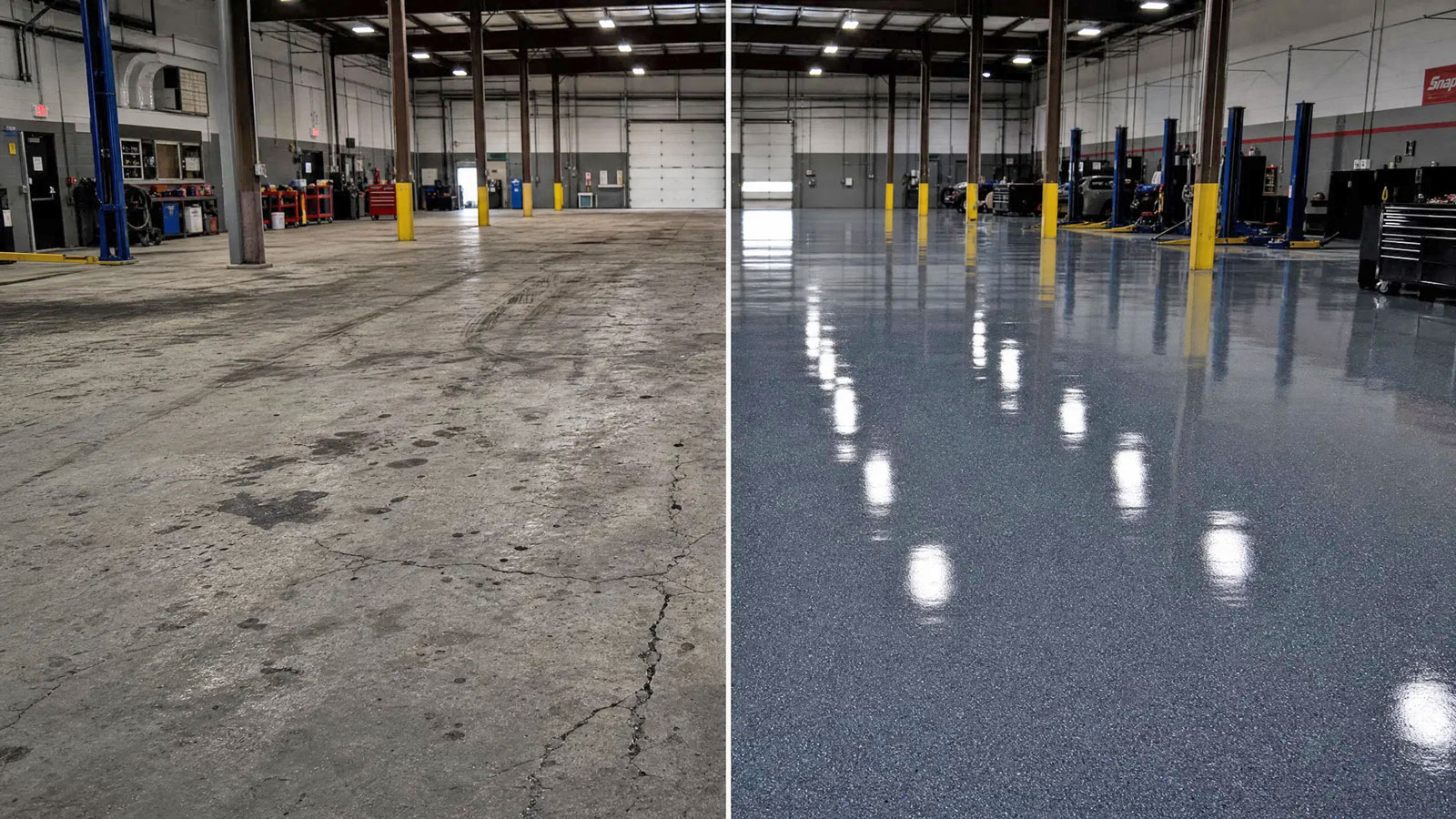 Commercial floor coating before and after — auto shop in Orange Park FL